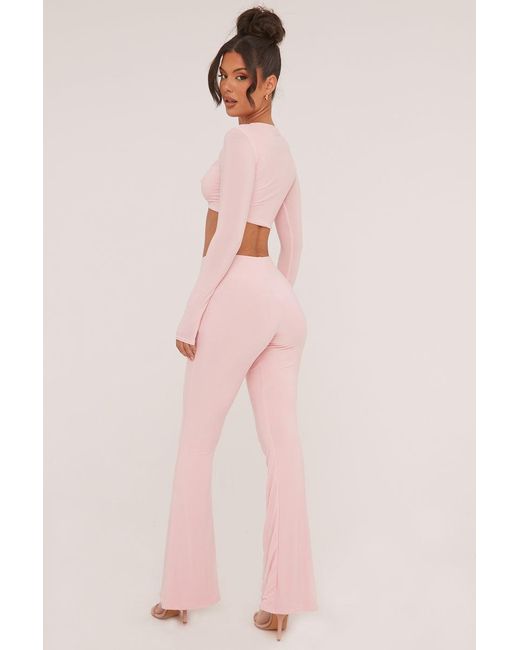 Rebellious Fashion Pink Twist Detail Cropped Top & Wide Leg Trousers
