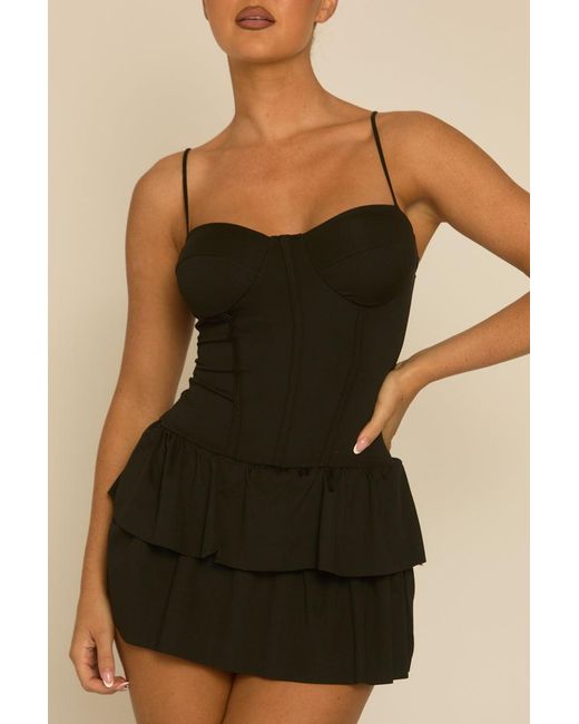Rebellious Fashion Black Corset Detail Frill Hem Playsuit