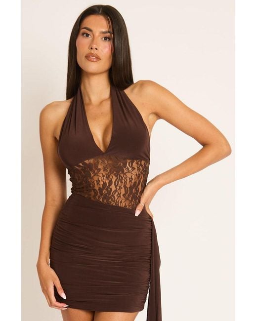 Rebellious Fashion Brown Lace Insert Tie Side Mini Dress
