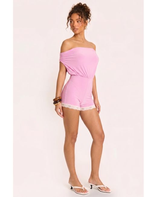 Rebellious Fashion Pink Off Shoulder Bardot Lace Trim Playsuit