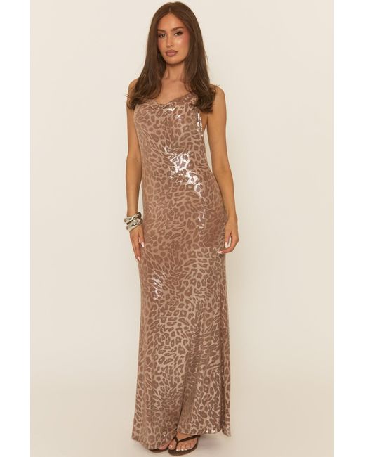 Rebellious Fashion Natural Rose Leopard Cowl Maxi Dress