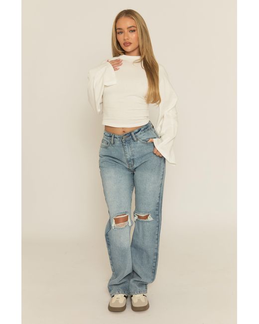 Rebellious Fashion Blue Mid Wash Denim Distressed Knee Extra Long Jeans