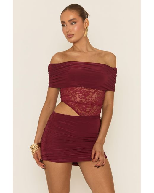 Rebellious Fashion Red Lace Bardot Top And Mini Skirt Co-Ord Set