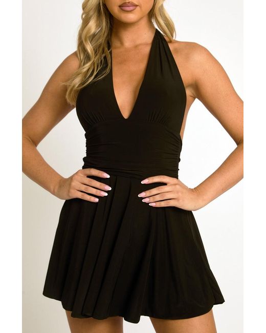 Rebellious Fashion Black Halter Plunge Neck Mini Dress