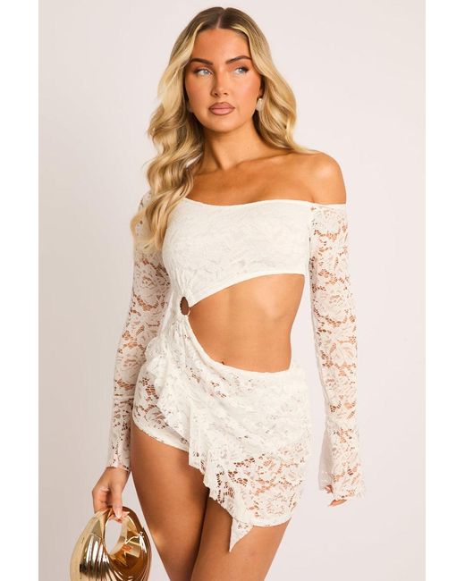 Rebellious Fashion Natural Lace One Shoulder Ruffle Cut Out Mini Dress