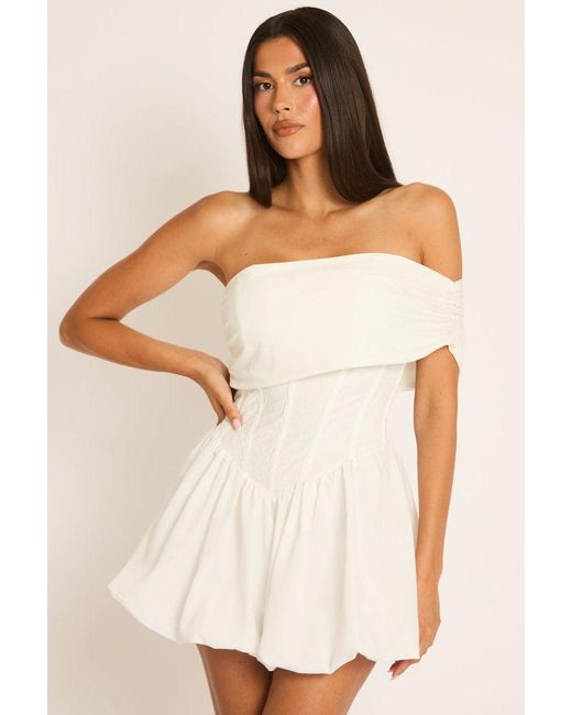 Rebellious Fashion Natural Off Shoulder Corset Puffball Mini Dress