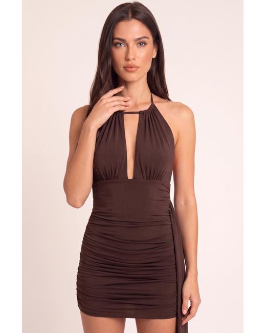 Rebellious Fashion Brown Keyhole Drape Halter Mini Dress