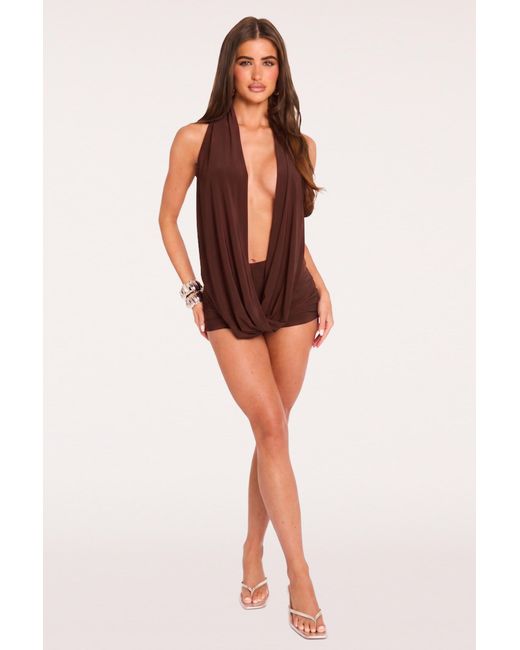 Rebellious Fashion Brown Plunge Top And Micro Shorts Co-Ord Set