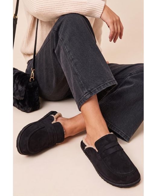 Rebellious Fashion Black Faux Suede Faux Fur Lined Loafer Mules