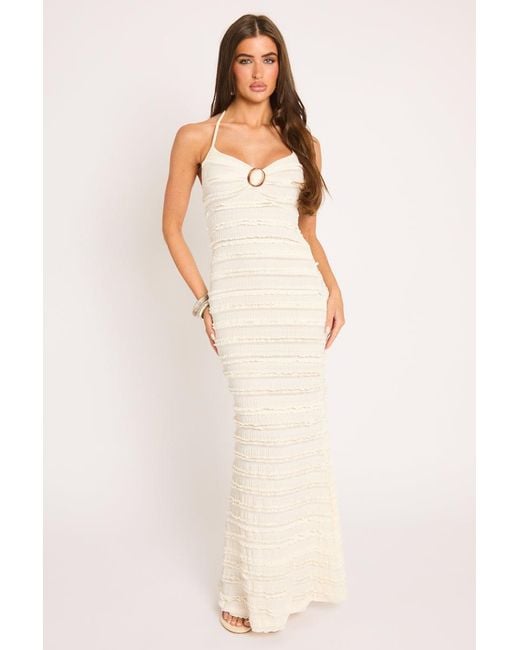 Rebellious Fashion Natural Ruffle Trim Detail Halter Maxi Dress