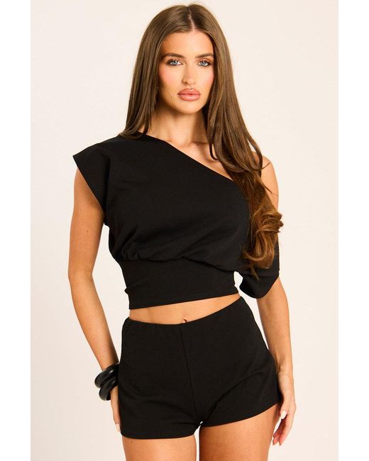 Rebellious Fashion Black Off Shoulder Top And Shorts Co-Ord Set