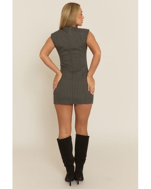 Rebellious Fashion Gray Pinstripe Shoulder Pad Mini Dress