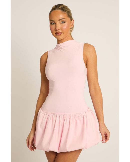 Rebellious Fashion Pink High Neck Puffball Mini Dress
