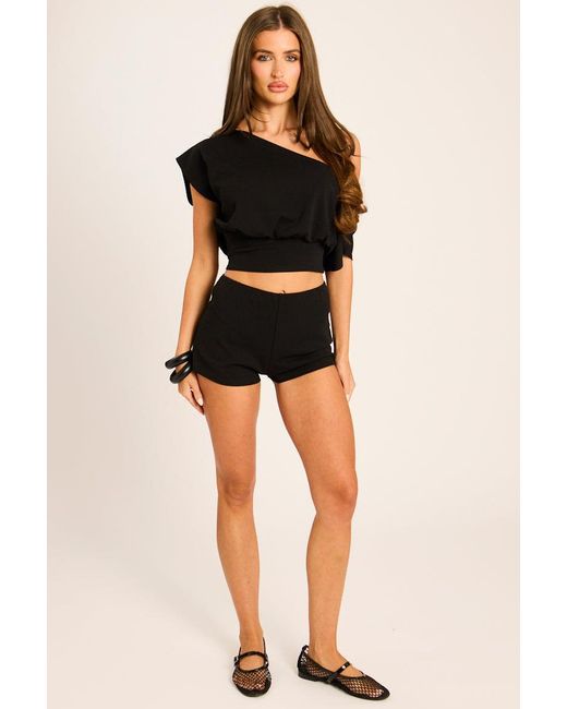Rebellious Fashion Black Off Shoulder Top And Shorts Co-Ord Set