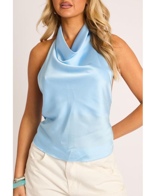 Rebellious Fashion Blue Satin High Neck Cowl Top