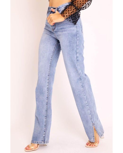 Rebellious Fashion Black Mid Wash Straight Leg Side Split Hem Jeans