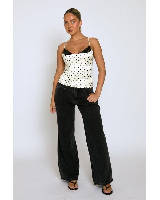 Rebellious Fashion Natural Satin Polka Dot Lace Trim Cami Top