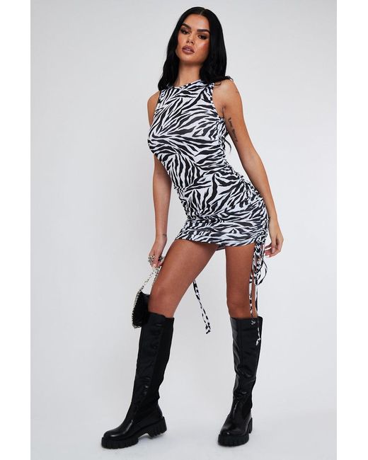 Rebellious Fashion Abstract Print Ribbed Side Ruched Mini Dress