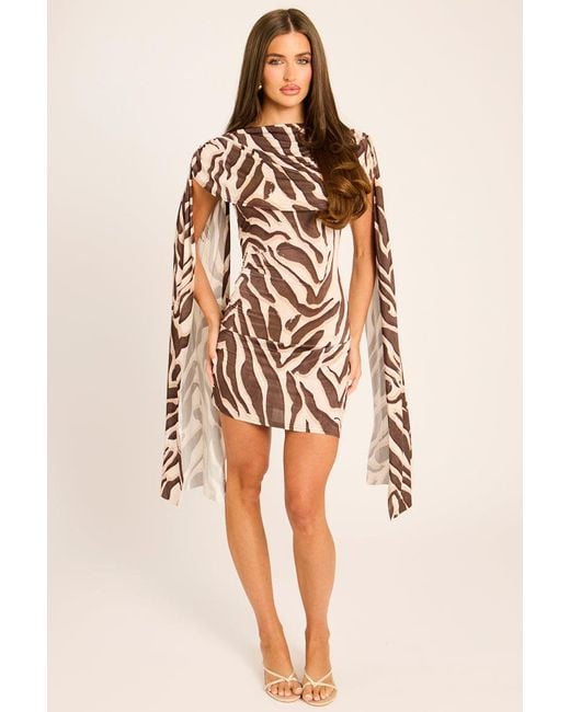 Rebellious Fashion Natural Print Gathered Cape Mini Dress