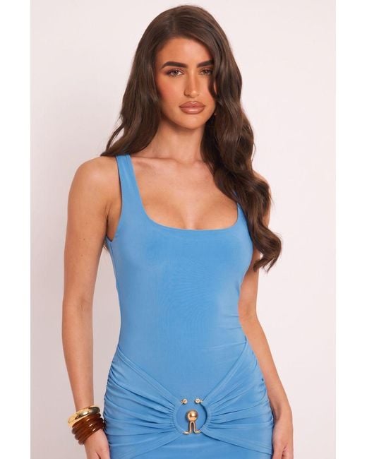 Rebellious Fashion Blue Trim Detail Scoop Neck Maxi Dress