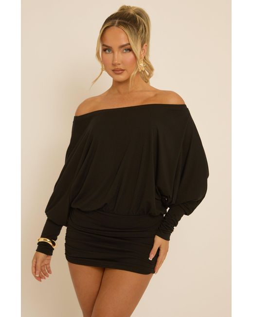 Rebellious Fashion Black Batwing Bardot Mini Dress