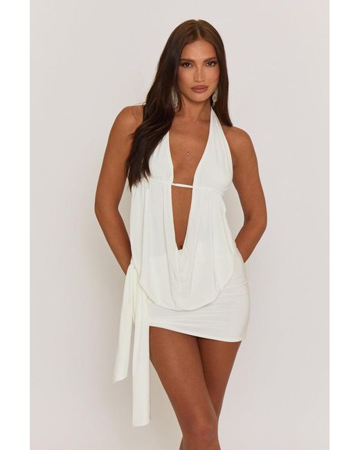 Rebellious Fashion White Plunge Neck Cowl Detail Top & Mini Skirt Co-Ord Set