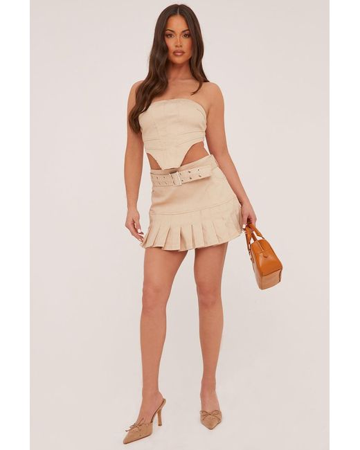 Rebellious Fashion Natural Corset Detail Cropped Top & Pleated Mini Skirt Co-Ord Set