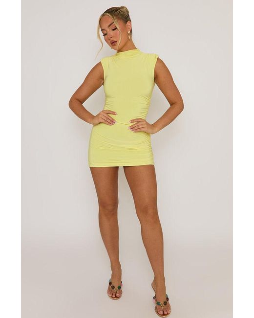 Rebellious Fashion Yellow High Neck Shoulder Pad Ruched Mini Dress