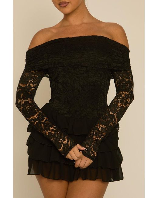 Rebellious Fashion Black Bardot Frill Lace Playsuit