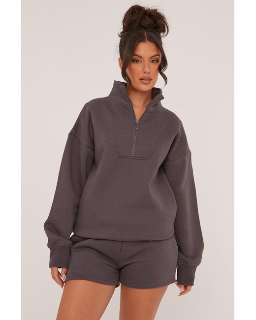 Rebellious Fashion Brown Oversized Zip Front Sweatshirt & Mini Shorts Co-Ord Set