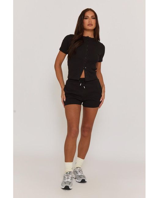 Rebellious Fashion Black Rib Button Front Top And Short Loungewear Co-Ord Set