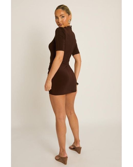 Rebellious Fashion Brown Shoulder Pad Lace Trim Mini Dress