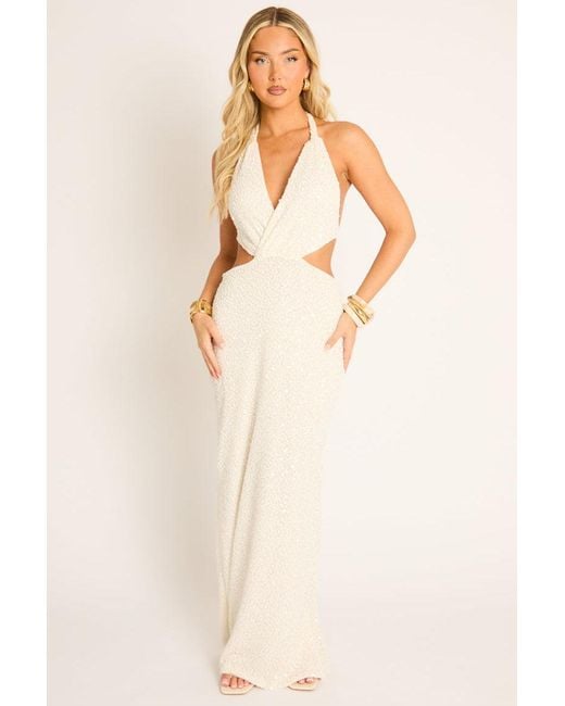 Rebellious Fashion Natural Sequin Wrap Cut Out Halter Maxi Dress