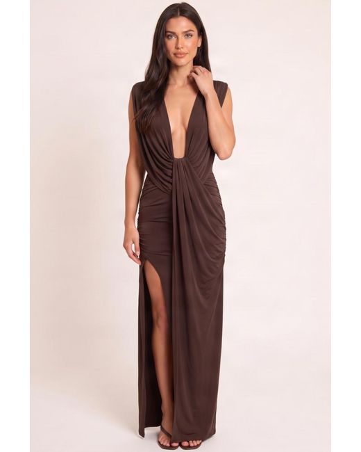 Rebellious Fashion Brown Draped Split Front Maxi Dress