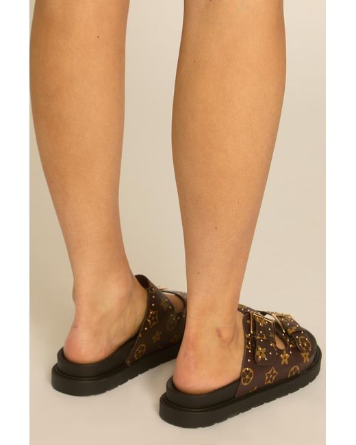 Rebellious Fashion Natural Faux Leather Logo Detail Studded Sandals
