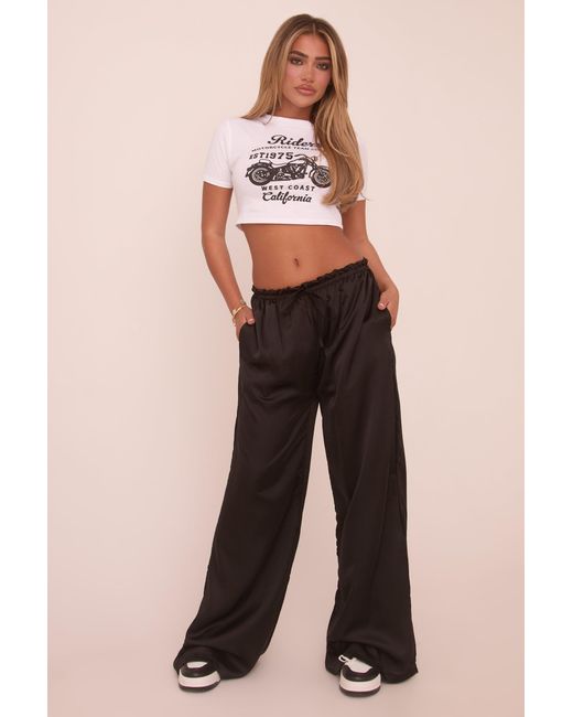 Rebellious Fashion Black Satin Wide Leg Tie Waist Trousers