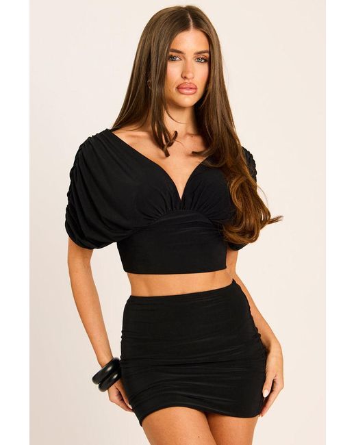 Rebellious Fashion Black Drape Crop Top And Mini Skirt Co-Ord Set
