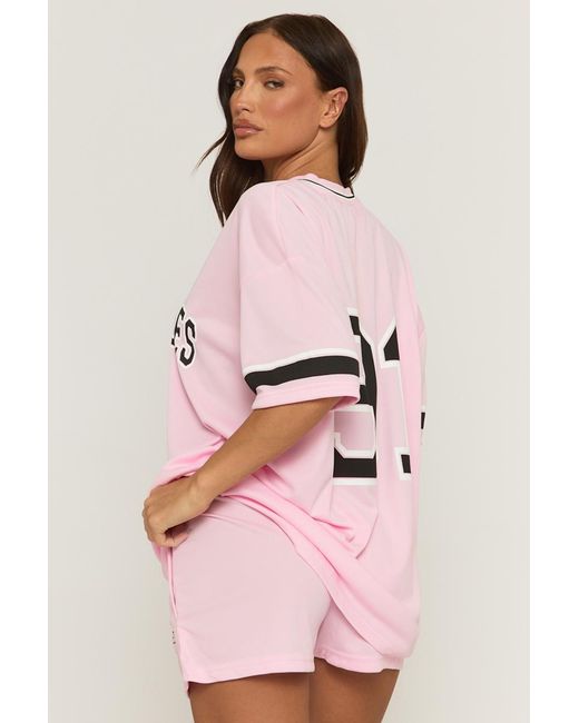 Rebellious Fashion Pink Oversized Varsity Football T-Shirt And Shorts Set