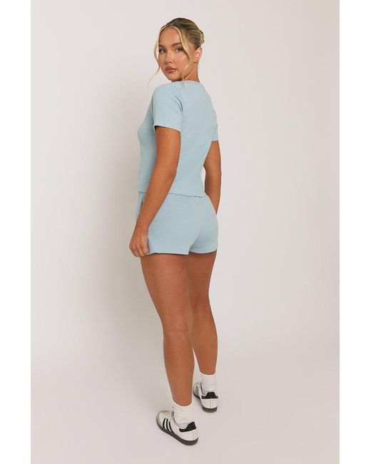 Rebellious Fashion Blue Light Rib Button Front Top And Short Loungewear Co-Ord Set