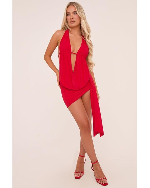 Rebellious Fashion Red Plunge Neck Cowl Detail Top & Mini Skirt Co-Ord Set