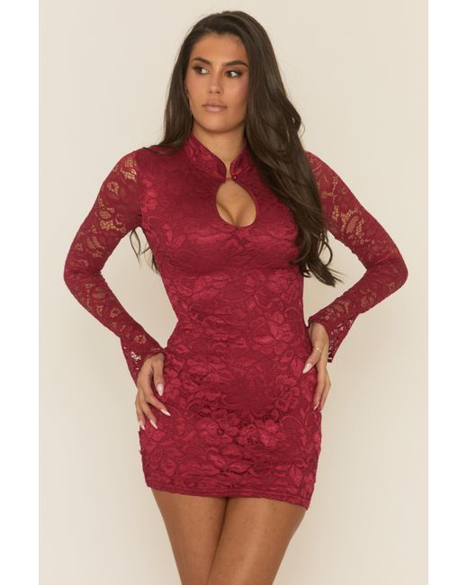 Rebellious Fashion Red Lace High Neck Mini Dress