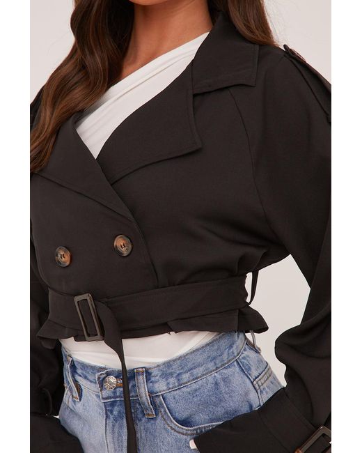 Rebellious Fashion Black Cropped Belted Trench Coat