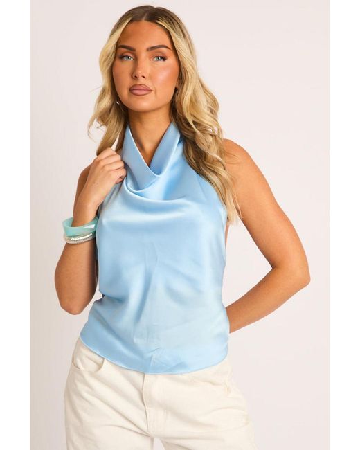 Rebellious Fashion Blue Satin High Neck Cowl Top