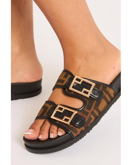 Rebellious Fashion Black Monogram Buckle Detail Slider Sandals