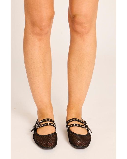 Rebellious Fashion Black Mesh Buckled Ballet Flats