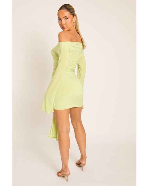 Rebellious Fashion Yellow Long Flared Sleeves Drape Detail Bodycon Mini Dress