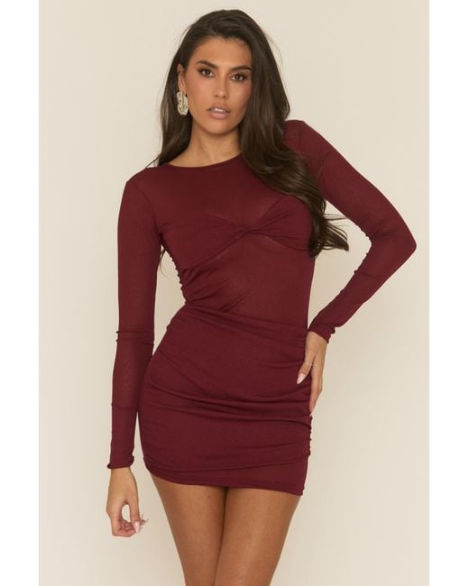 Rebellious Fashion Red Twist Front Long Sleeve Mini Dress