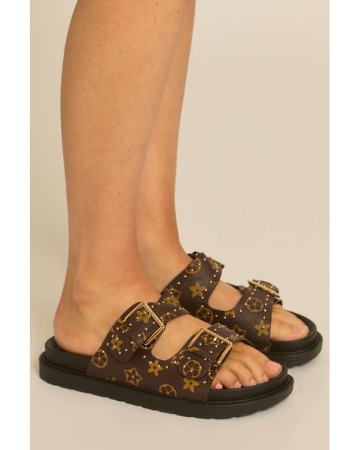 Rebellious Fashion Natural Faux Leather Logo Detail Studded Sandals