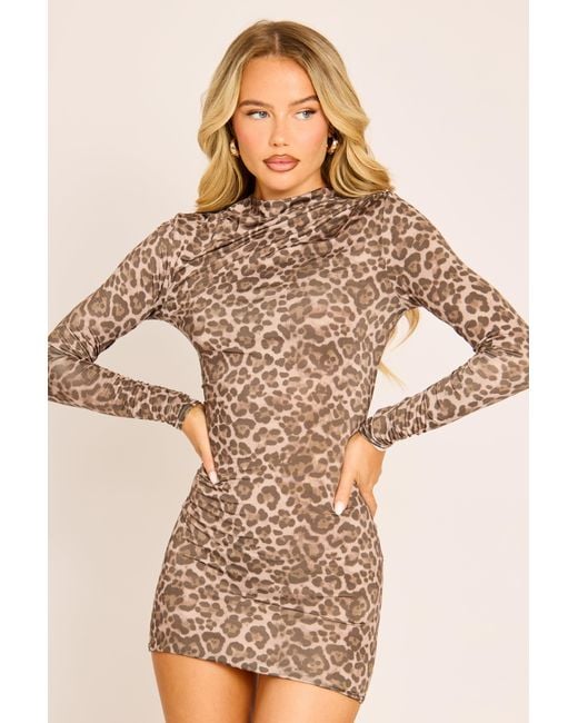 Rebellious Fashion Brown High Neck Ruched Mini Dress