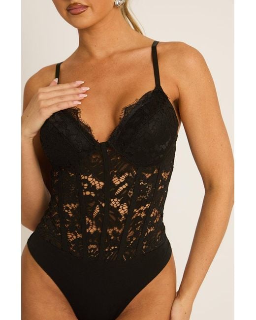 Rebellious Fashion Natural Lace Corset Detail Bodysuit